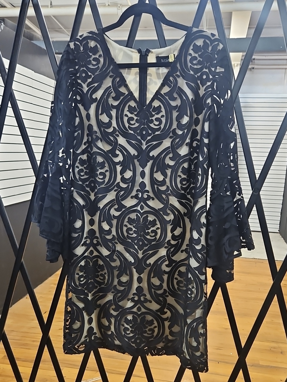 MSK Black Lace Appliqué Sheath Dress with Nude Underlay